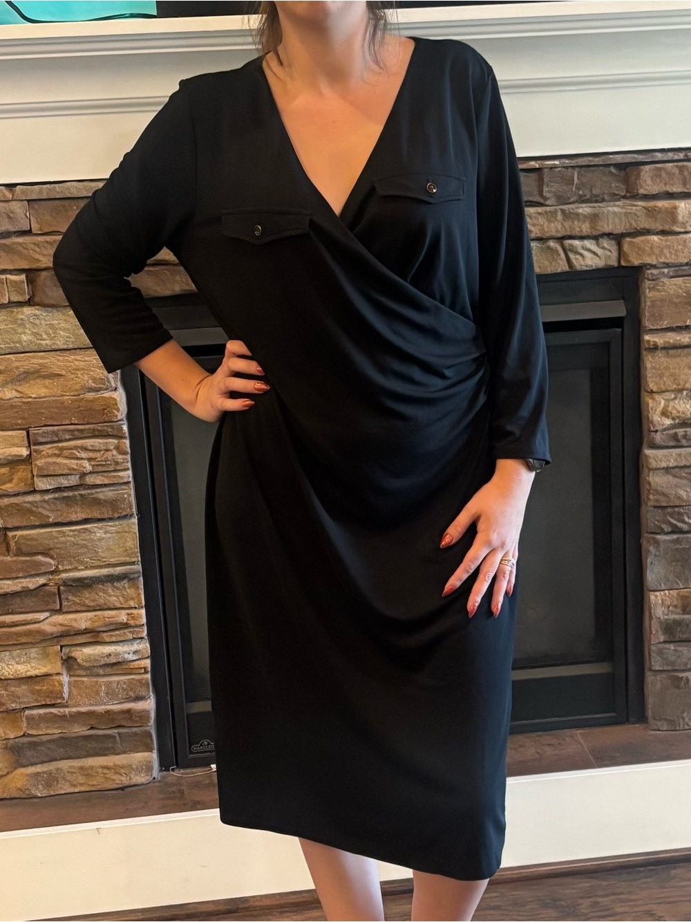 Talbots Matte Jersey Faux Wrap Utility Dress - Black - Women's XL